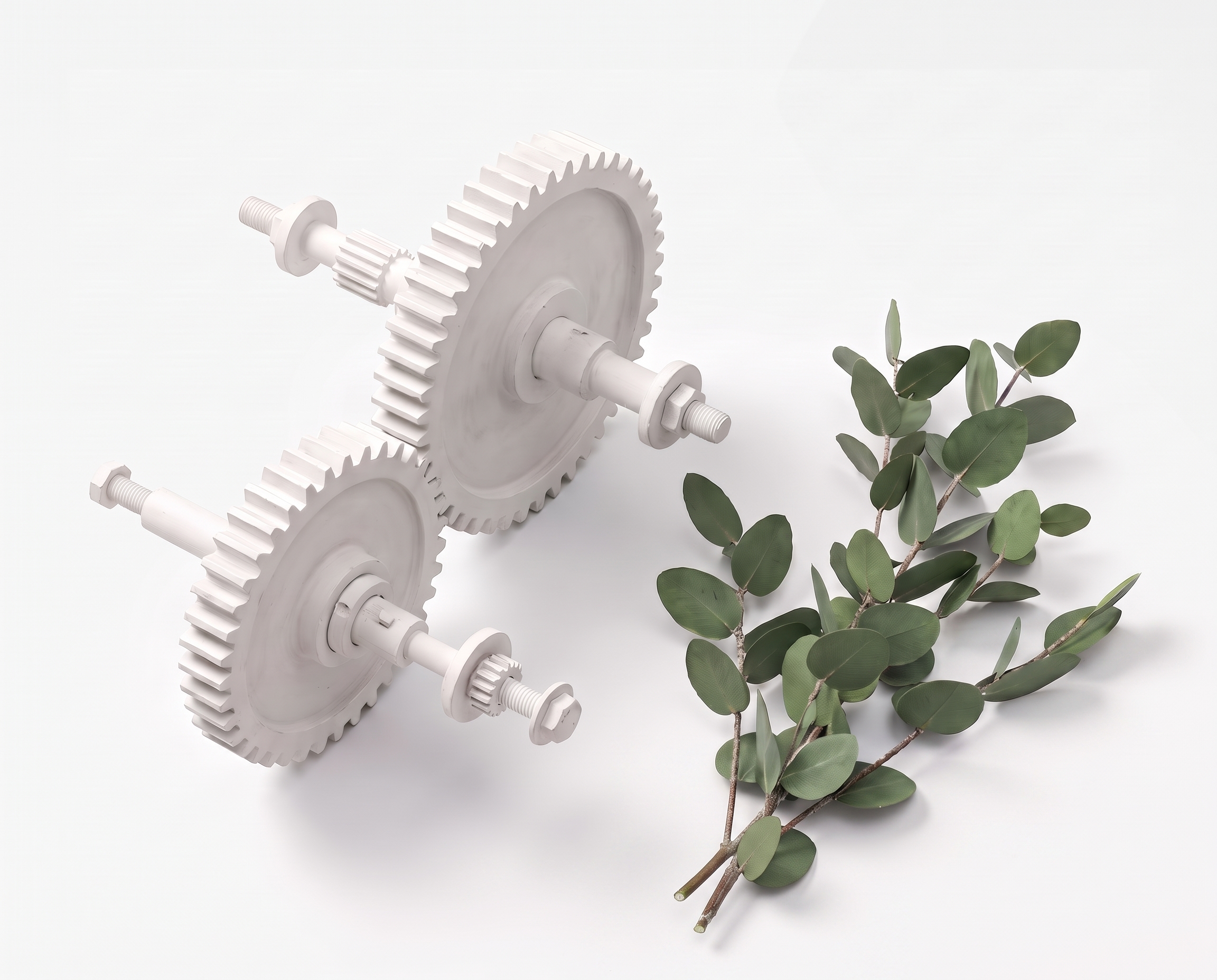 White industrial gears and green branches on a light background